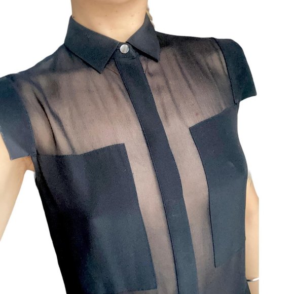 alexander wang sheer mesh panel black silk button up shirt midi dress size 2 - Picture 3 of 3